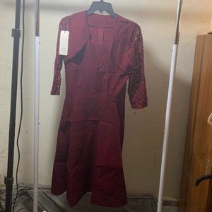 Chouyatou Women's Dark Red Retro 3/4 Lace Sleeve Fit/Flare A-Line Midi Dress S